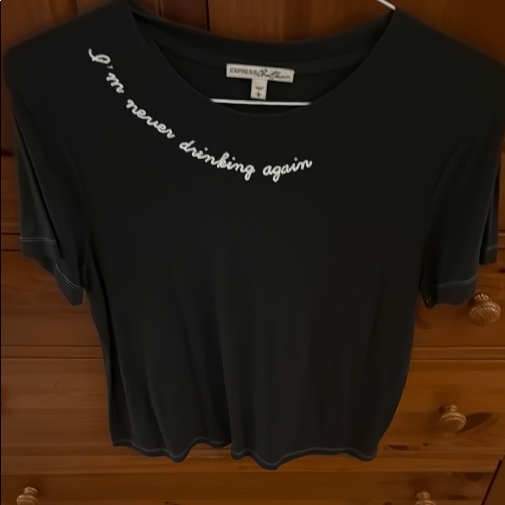 Express Black Short Sleeve Tee with White Detail.  I’m never drinking again.